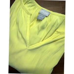 Chicos Size 3 Long Sleeve V Neck‎ Top Yellow Pleated Sleeve Blouse